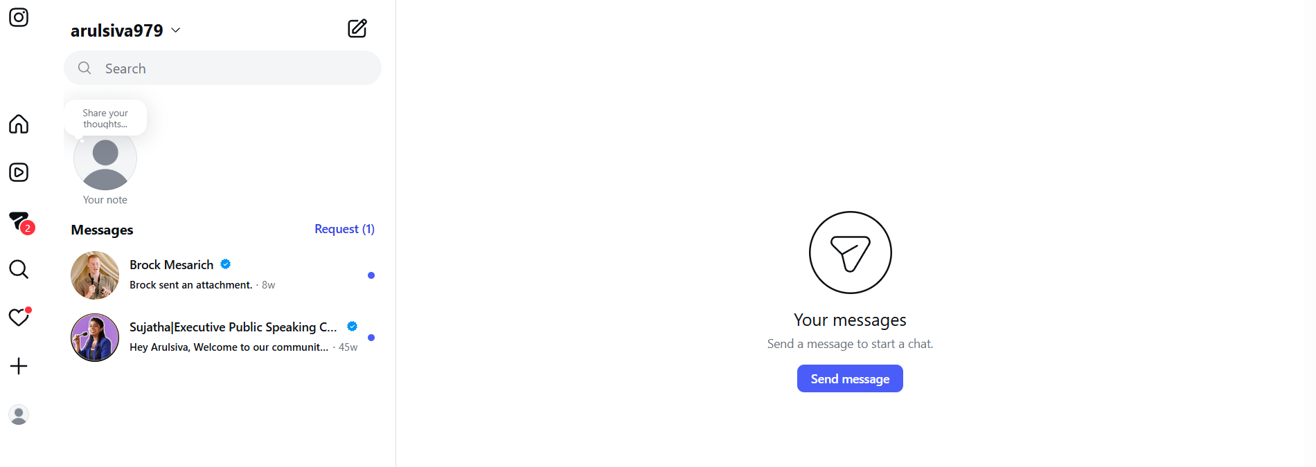 Screenshot of the Instagram Direct Messages inbox on desktop. The left sidebar displays the account name, search bar, Notes section, and a list of recent conversations, along with a Request (1) link indicating one pending message request. The main chat area is empty and shows the message,