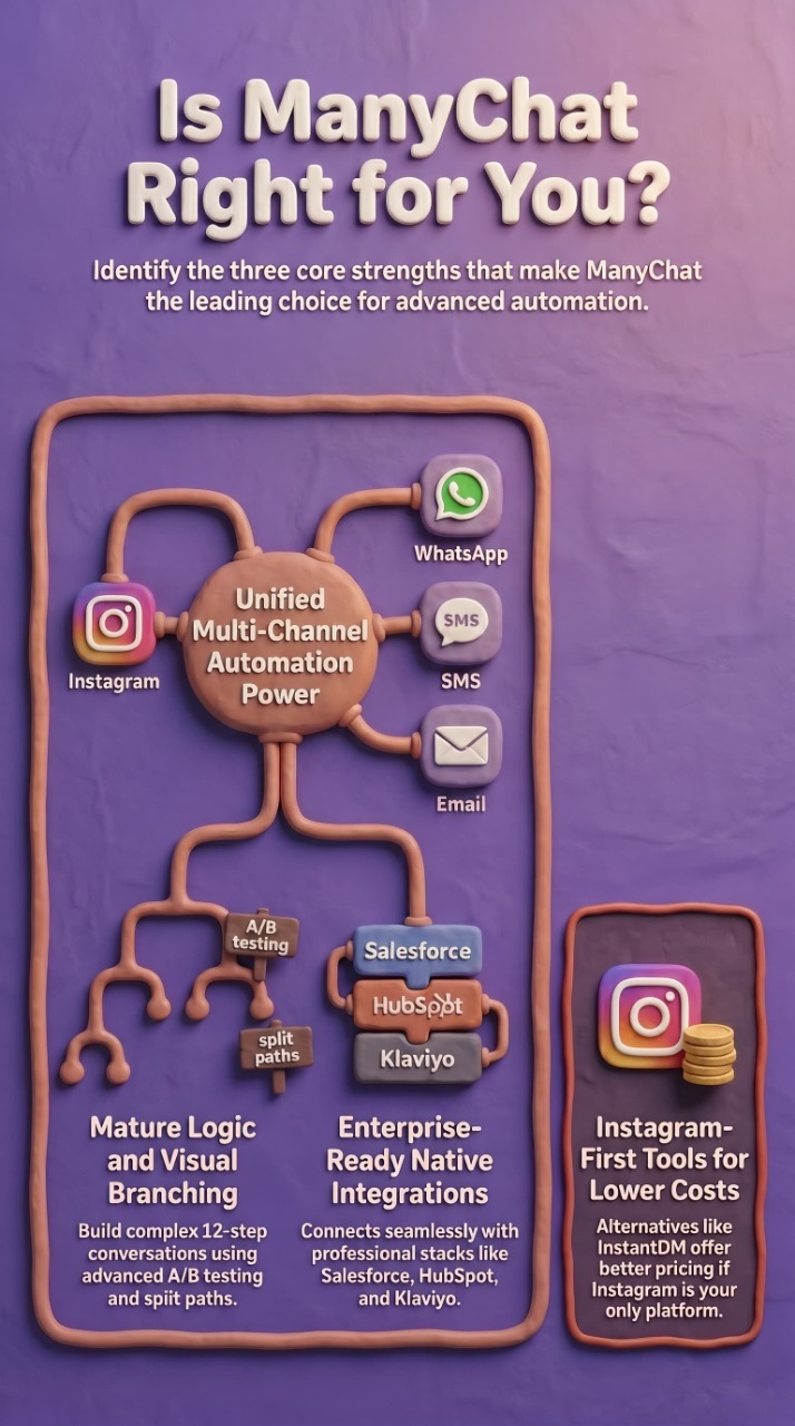 Infographic titled “Is ManyChat Right for You?” on a purple background with clay-style graphics. The graphic highlights three core strengths of ManyChat for advanced automation. At the center, a hub labeled “Unified Multi-Channel Automation Power” connects Instagram, WhatsApp, SMS, and Email. Below, “Mature Logic and Visual Branching” emphasizes complex conversation flows with A/B testing and split paths. Next to it, “Enterprise-Ready Native Integrations” showcases connections with Salesforce, HubSpot, and Klaviyo. A separate panel on the right, “Instagram-First Tools for Lower Costs,” notes that Instagram-focused alternatives such as InstantDM may offer better pricing for businesses that only use Instagram.