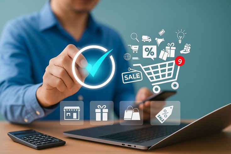 A person wearing a blue button-down shirt sits at a desk, touching a glowing digital interface that hovers above a laptop keyboard. Their finger presses a bright cyan checkmark encircled in white. Next to it floats a stylized digital shopping cart with a red notification badge displaying the number '9', surrounded by various floating e-commerce icons like a delivery truck, gift boxes, and percentage signs. Below the checkmark and cart are four square, semi-transparent buttons depicting a storefront, a gift, shopping bags, and a sale tag. A black calculator rests on the desk to the left of the laptop.