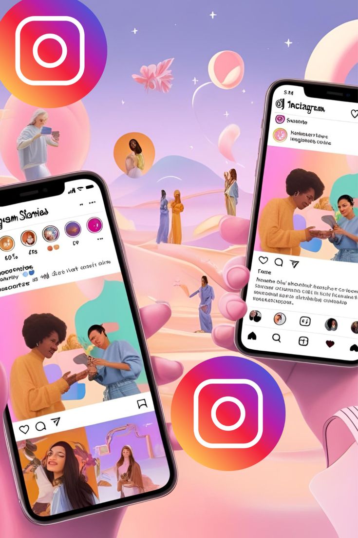 This is a surreal, digitally generated illustration centered around the theme of Instagram. The background is a dreamy, pastel-colored landscape in shades of pink, purple, and orange, featuring floating spheres, abstract shapes, and distant stylized figures. Prominently displayed are two large, classic Instagram gradient logos. In the foreground, two smartphones are shown displaying mock social media feeds that resemble the Instagram interface; however, the text is garbled and nonsensical, and the people in the photos have distorted features, which are typical characteristics of AI-generated imagery.