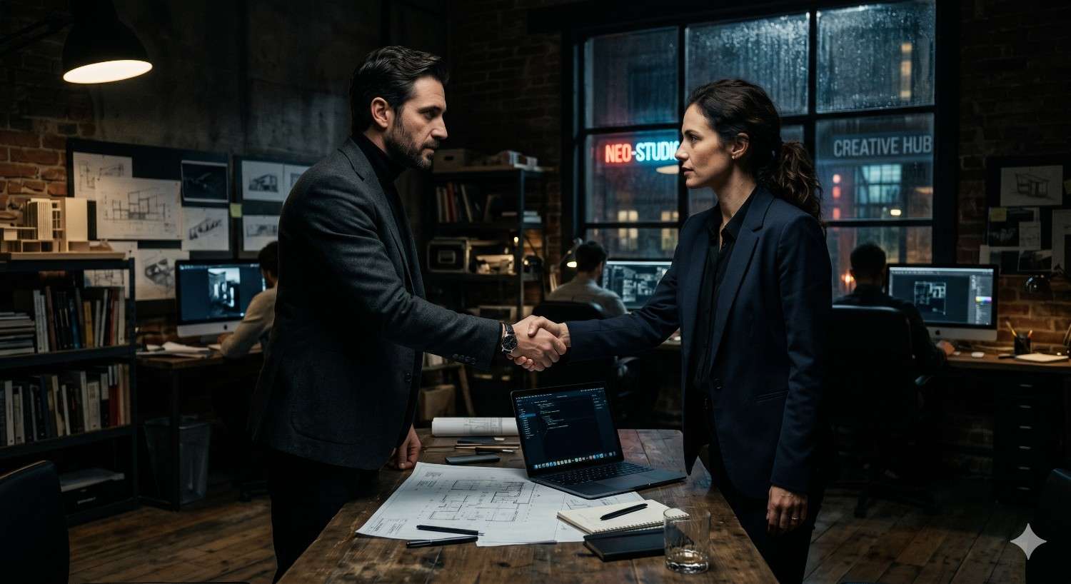 A man and a woman in dark business attire shake hands across a rustic wooden desk covered with architectural blueprints and a laptop. They are standing in a dimly lit, industrial-style creative studio while other professionals work at computer stations in the background.