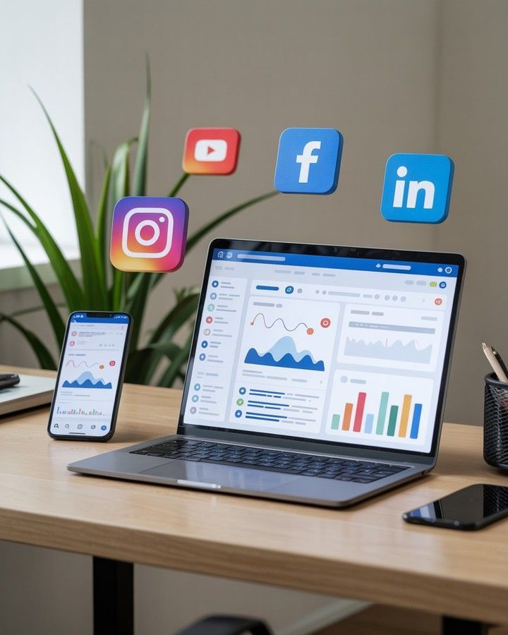 A laptop and smartphone on a wooden desk displaying marketing analytics dashboards, with 3D icons for Instagram, YouTube, Facebook, and LinkedIn floating above the screen.