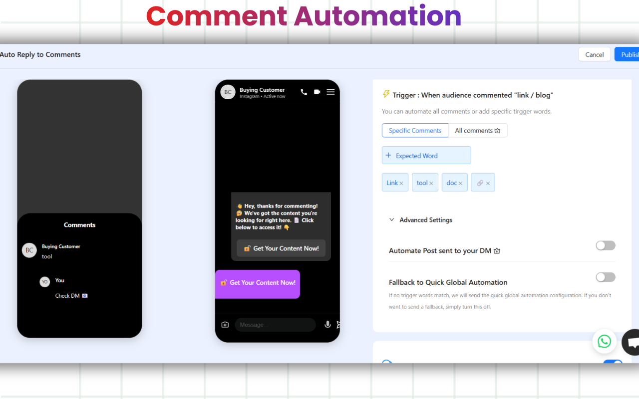 Screenshot of a “Comment Automation” setup interface. On the left, a comments panel shows a user comment (“tool”) and a reply prompting to check DM. In the center, a mobile chat preview displays an automated message with a “Get Your Content Now!” button. On the right, trigger settings specify keywords like “link,” “tool,” and “doc,” along with options for automating replies and fallback settings.