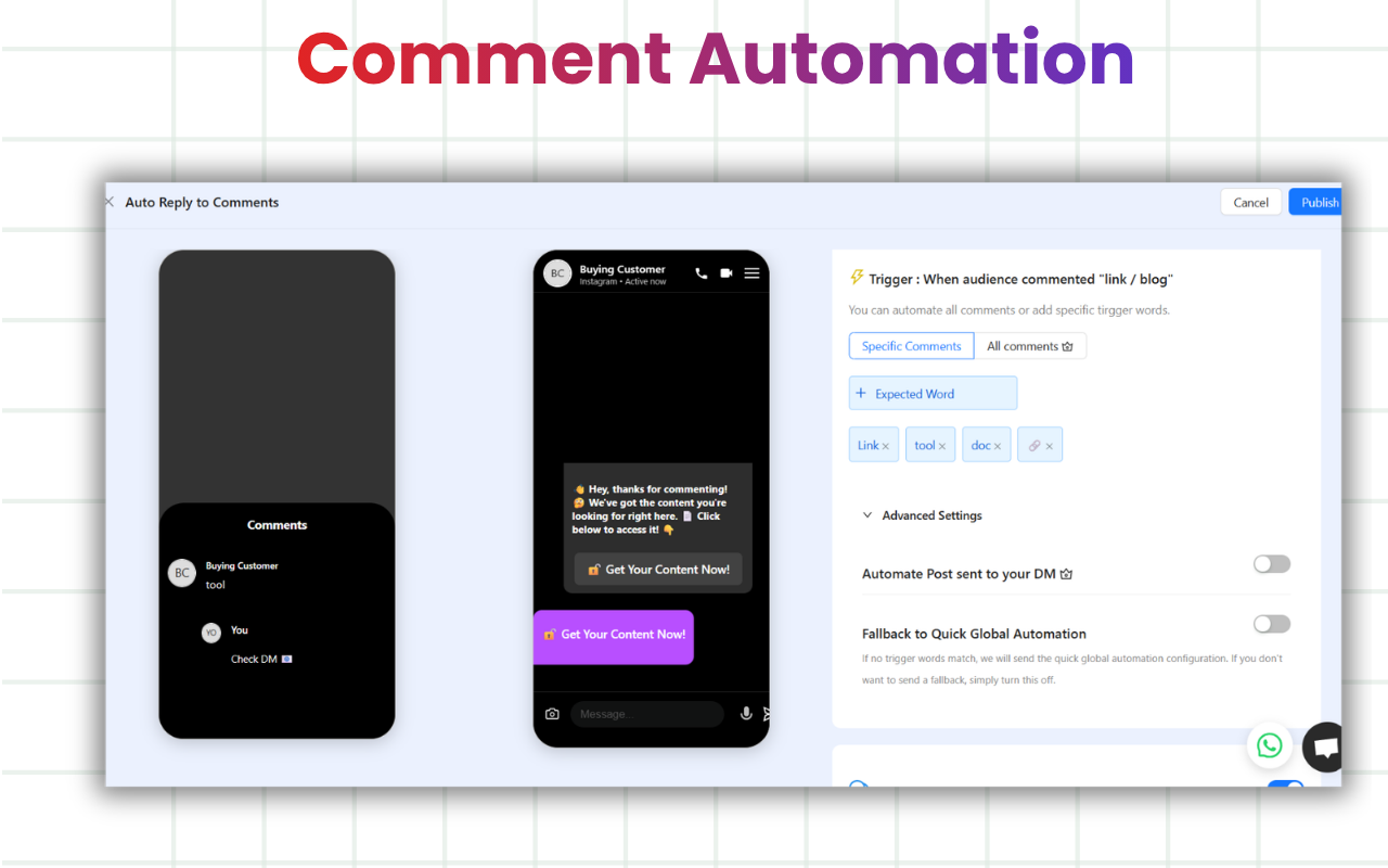 Left Column: A mobile mockup displaying an Instagram comment thread. A user named 