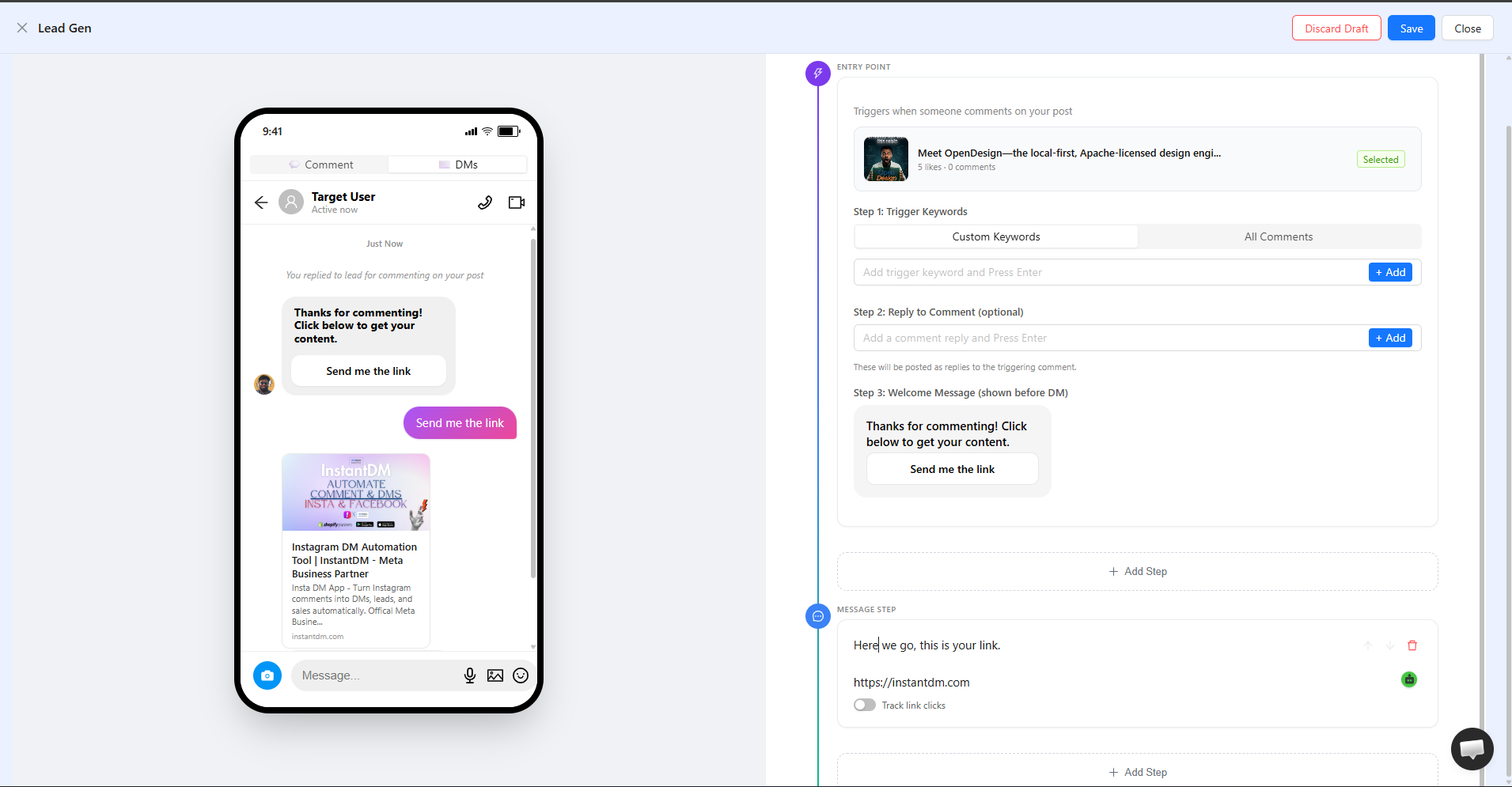 screenshot of comment to dm automation configration - screenshot contination, configuration such as trigger words, post selected, link needs to be sent.