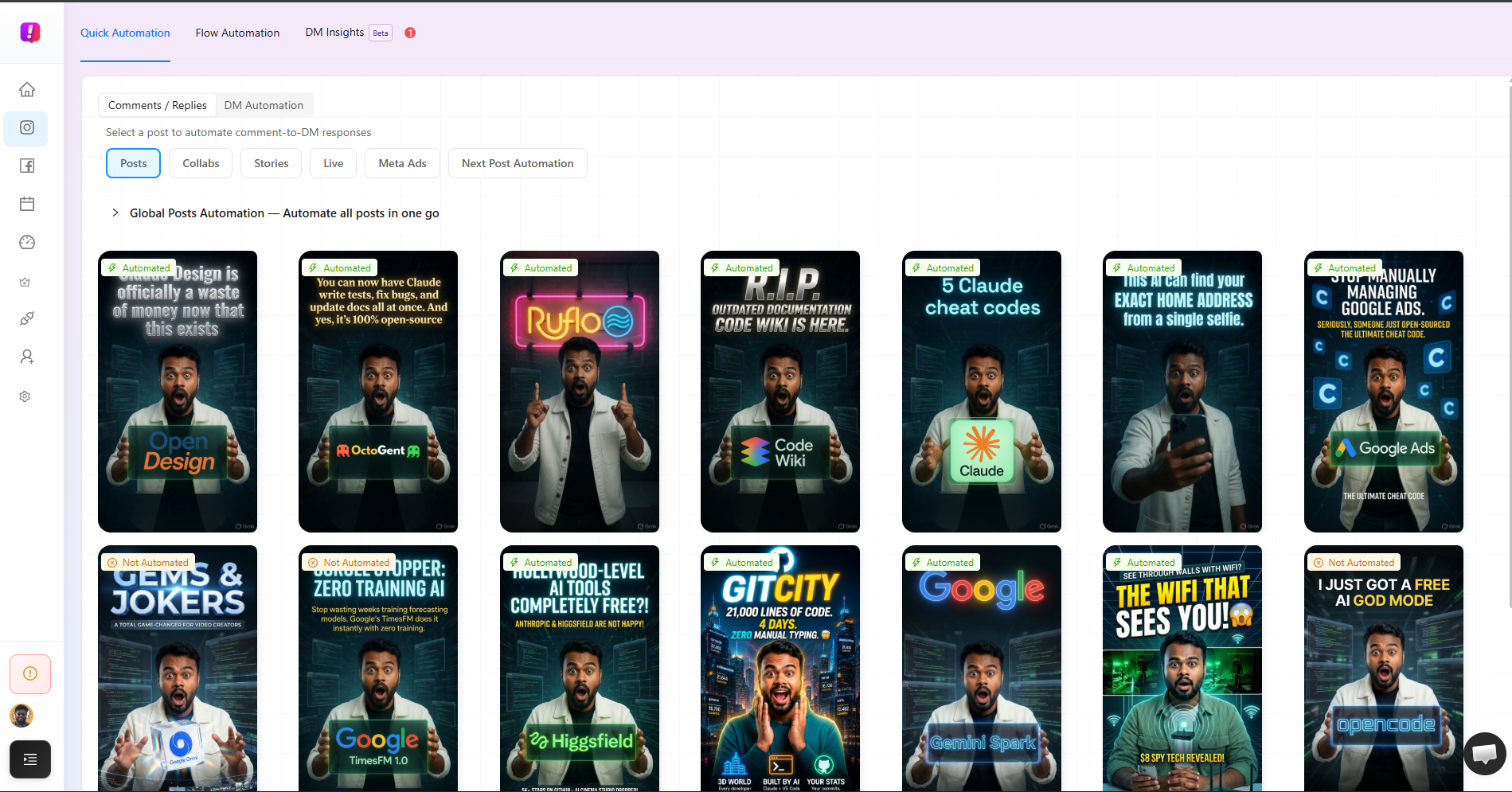 Screeshot of dashboard display list of instagram posts for comment automation