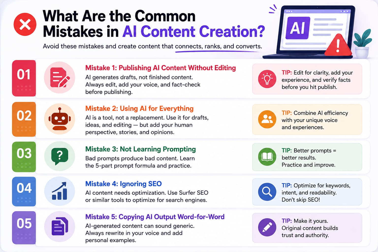"Infographic highlighting five common mistakes in AI content creation. The graphic warns against publishing AI-generated content without editing, relying on AI for everything, neglecting prompt writing skills, ignoring SEO optimization, and copying AI output word-for-word. Each mistake includes a practical tip, such as editing for clarity, adding personal insights, improving prompts, optimizing for search engines, and rewriting content in your own voice to create authentic, high-quality content.”