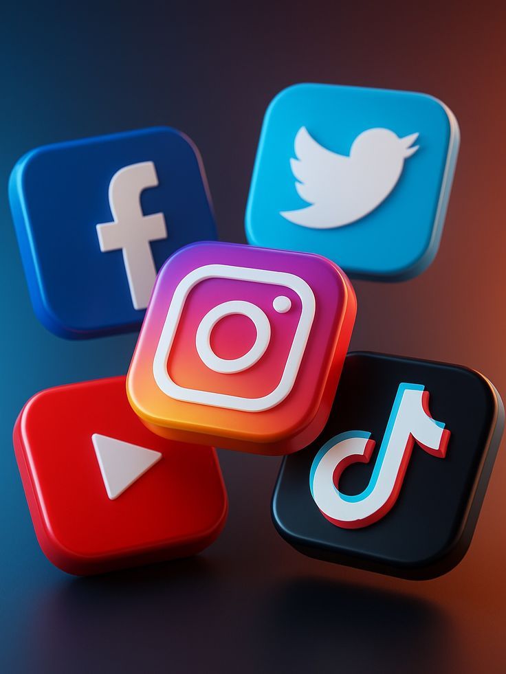 A group of 3D-rendered social media icons, including Instagram, Facebook, Twitter, YouTube, and TikTok, floating against a dark background with blue and orange lighting.