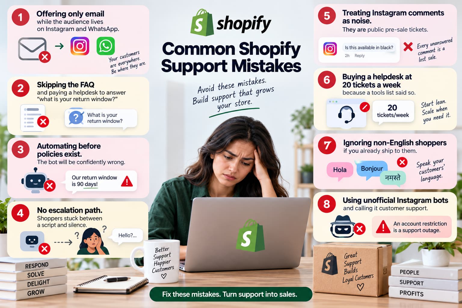 Infographic highlighting eight common Shopify customer support mistakes, including relying only on email, skipping FAQs, automating before setting policies, lacking escalation, ignoring Instagram comments and non-English shoppers, buying a helpdesk too early, and using unofficial Instagram bots.