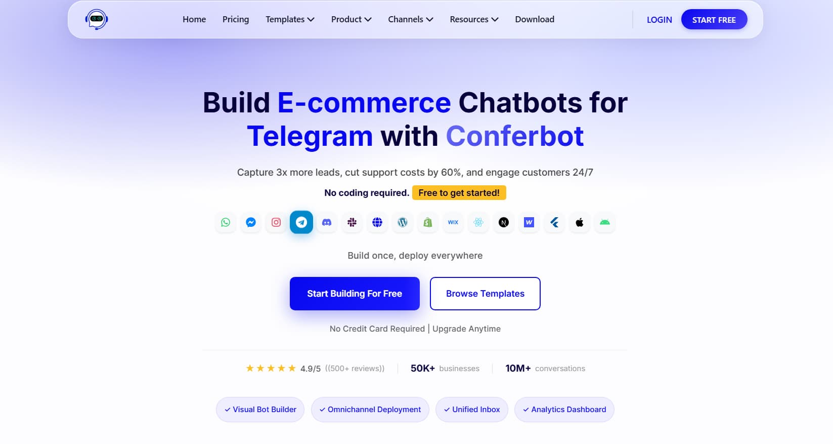 Confrobot website hero section promoting no-code e-commerce chatbot creation for Telegram, with omnichannel integrations, free setup, visual bot builder, unified inbox, and analytics dashboard.