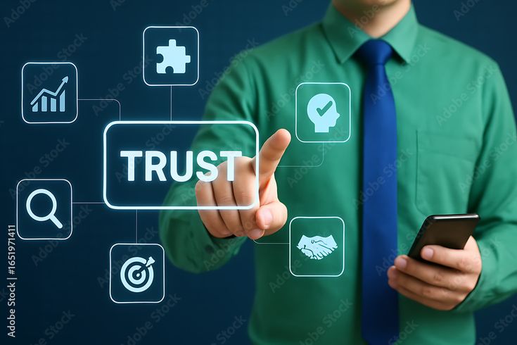 A person wearing a green shirt and blue tie points toward a glowing digital interface that displays the word 