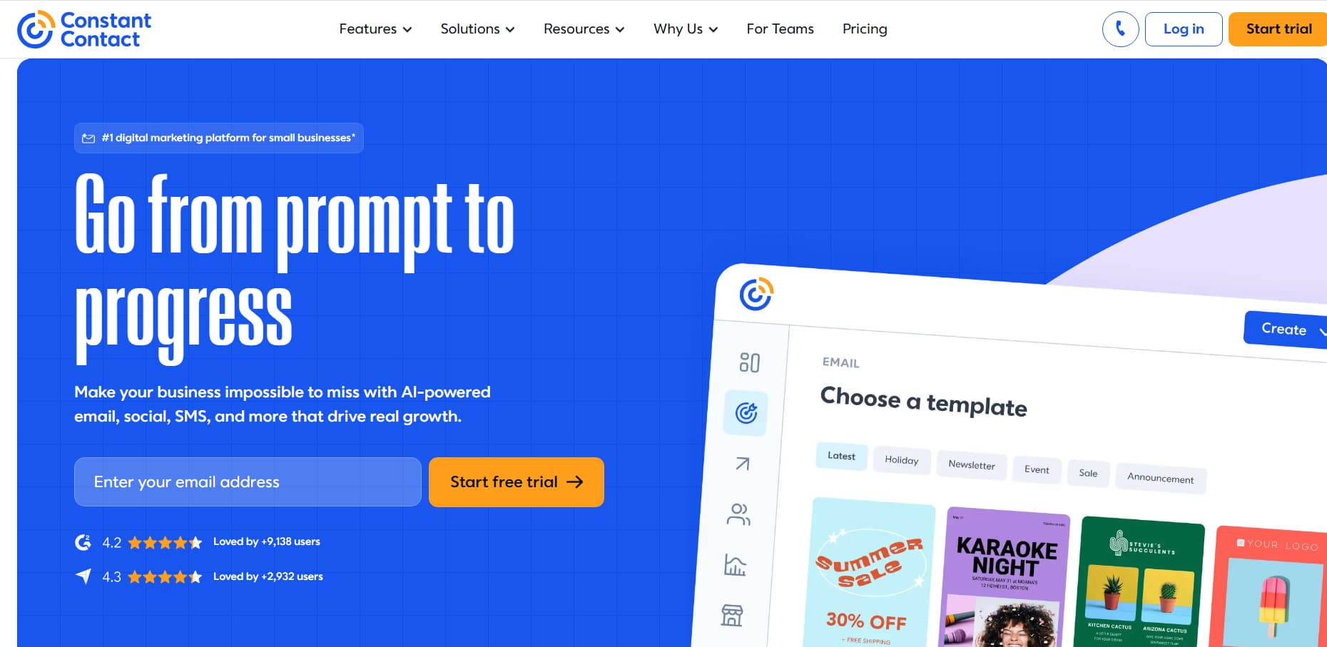 Constant Contact homepage showing its AI-powered email marketing platform with the headline