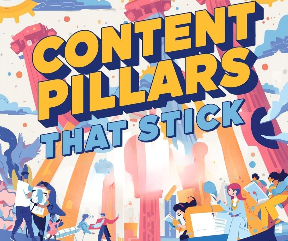 Colorful digital illustration with bold 3D text reading 'CONTENT PILLARS THAT STICK.' The background features abstract architectural pillars and diverse illustrated characters engaged in creative tasks, symbolizing a robust social media marketing strategy.
