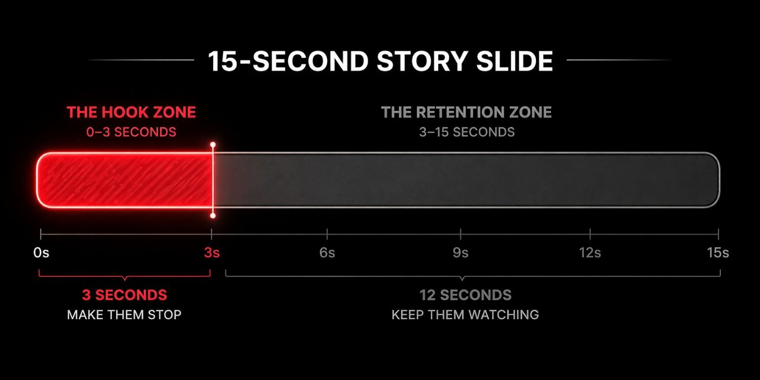 A horizontal timeline graphic representing a 15-second Instagram Story slide. The first 3 seconds are highlighted in a glowing red box labeled 'The Hook Zone' with the caption '3 SECONDS: MAKE THEM STOP.' The remaining 12 seconds are shown as a muted grey 'Retention Zone' with the caption '12 SECONDS: KEEP THEM WATCHING.' The graphic uses a clean, dark aesthetic to illustrate the critical window for capturing viewer attention.