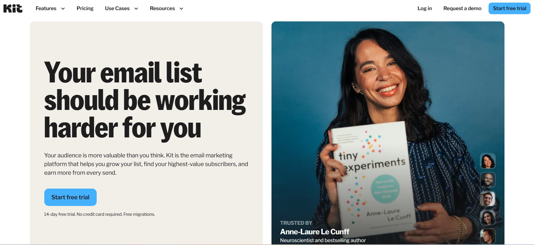 Homepage hero section of the Kit website featuring the headline 