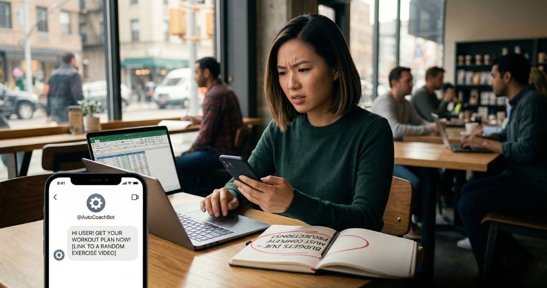 A woman in a busy cafe looking confused and frustrated at her smartphone, with a laptop showing a spreadsheet nearby. An inset phone screen shows an impersonal, all-caps message from an "@AutoCoachBot" offering a random workout plan, captioned "CONTEXT IS THE THING EVERYONE SKIPS."