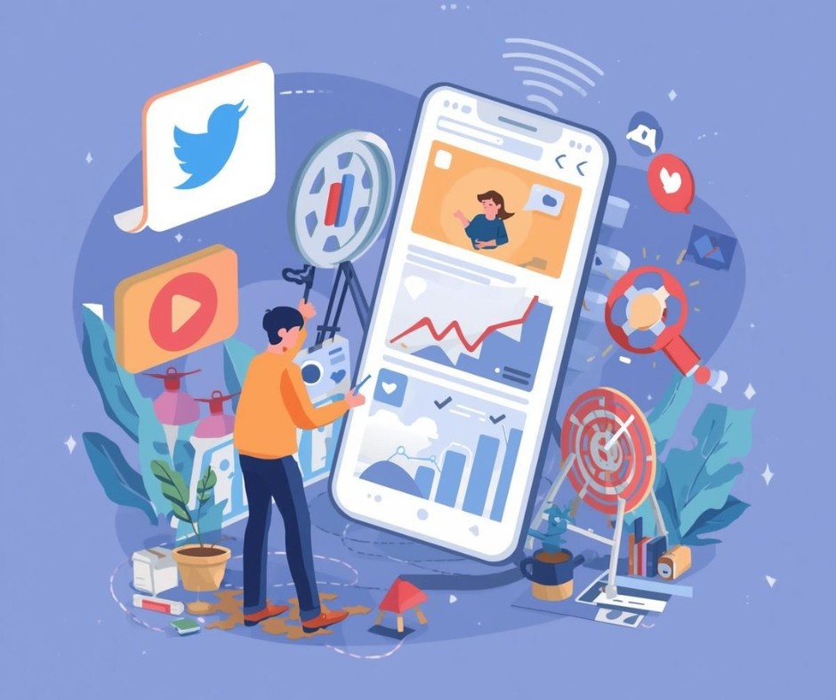 A colorful digital illustration of a person interacting with a giant smartphone displaying various content and growth charts, surrounded by social media icons like YouTube and Twitter.