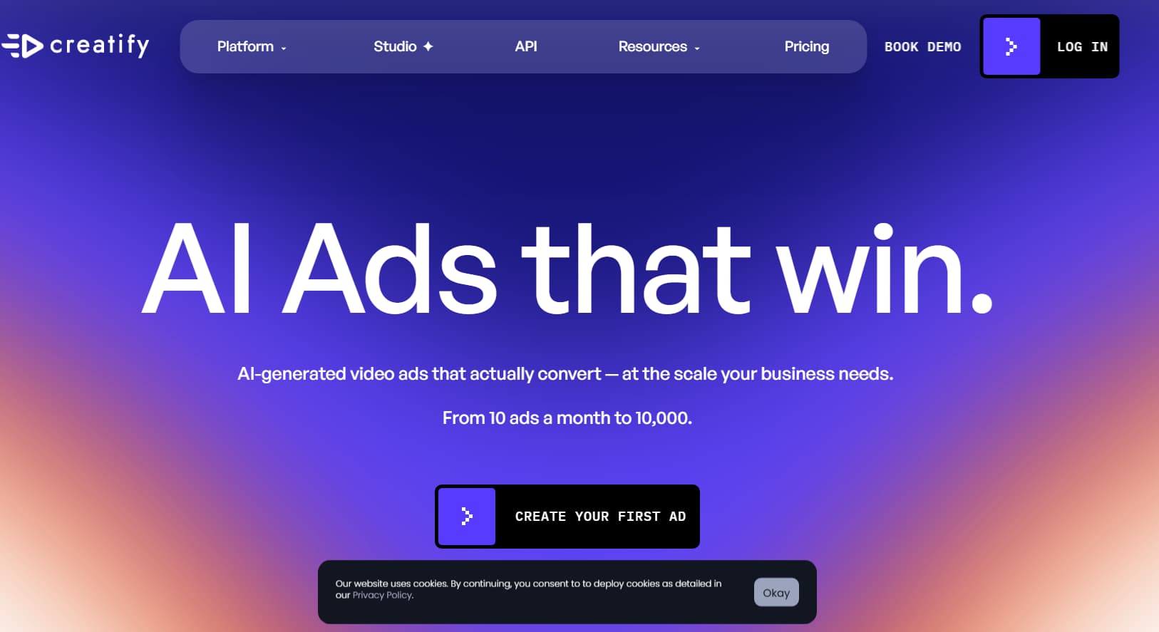 Creatify AI homepage featuring the headline 