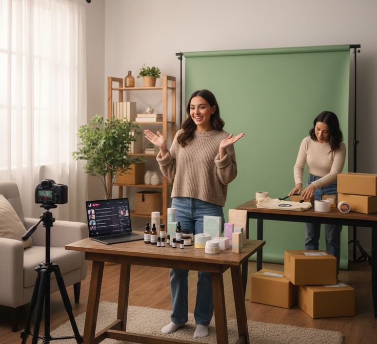 The woman in the foreground is acting as the presenter or 