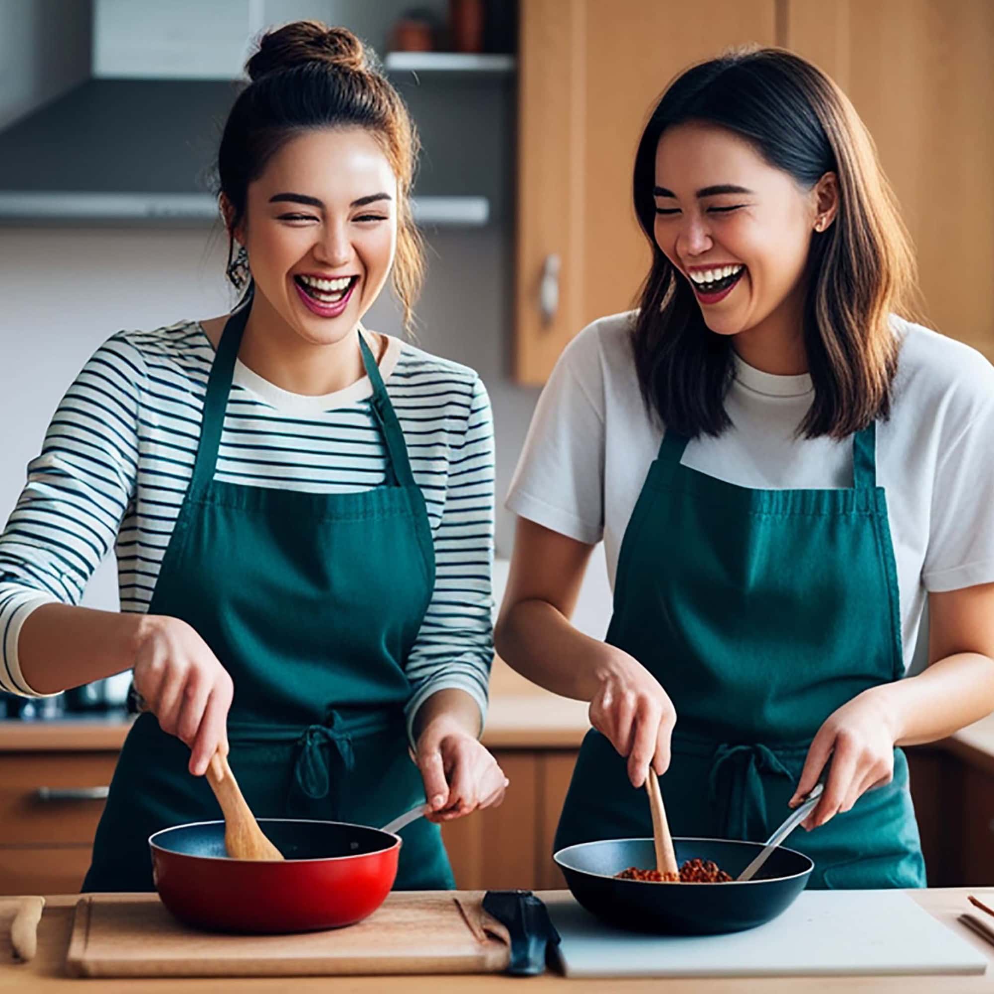 Two women in green aprons smiling and cooking together, stirring food in pans on a kitchen counter.