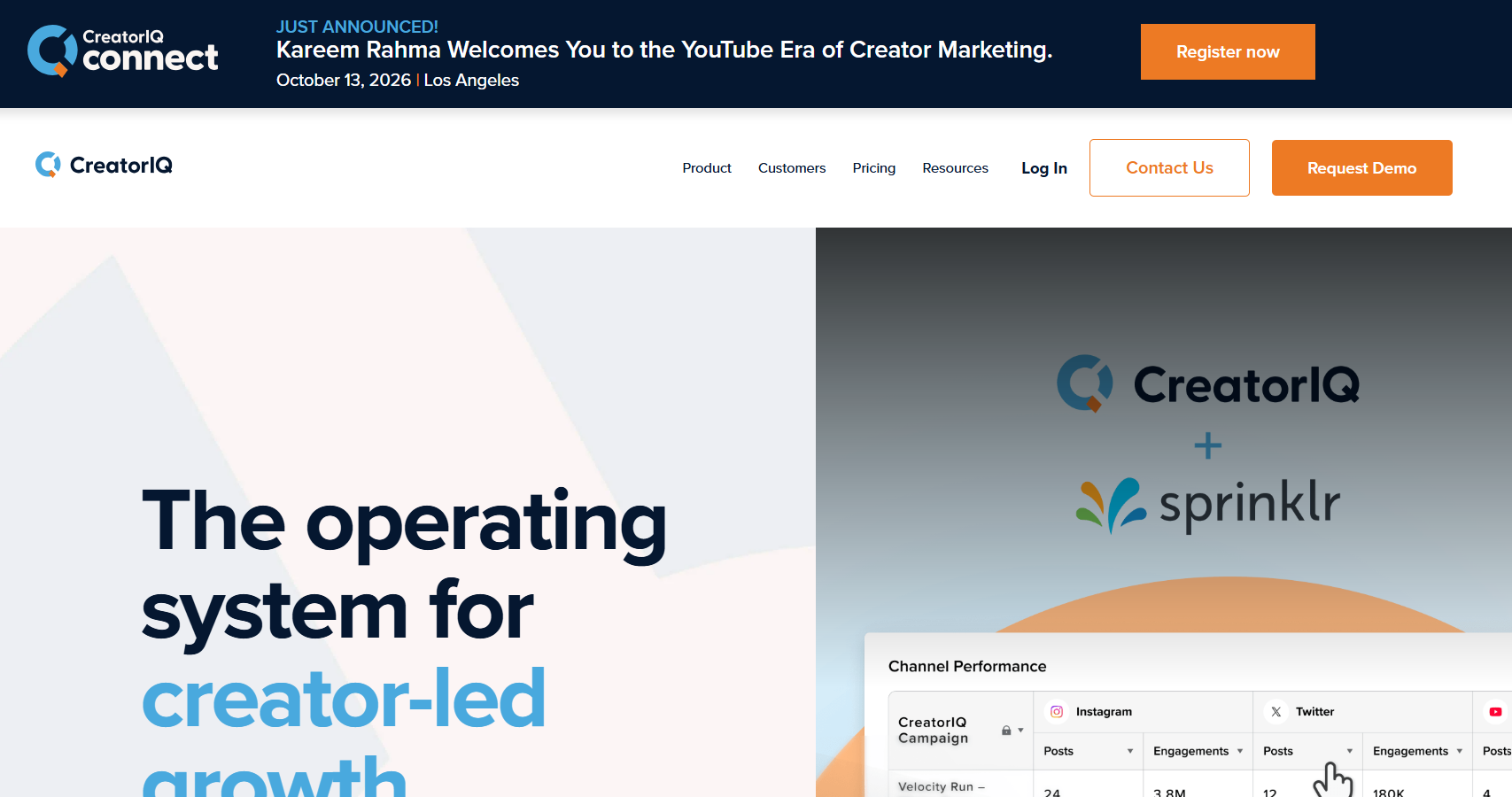 CreatorIQ landing page showcasing its creator marketing platform for creator-led growth, with campaign performance analytics and social media management features. public-assets.instantdm.com