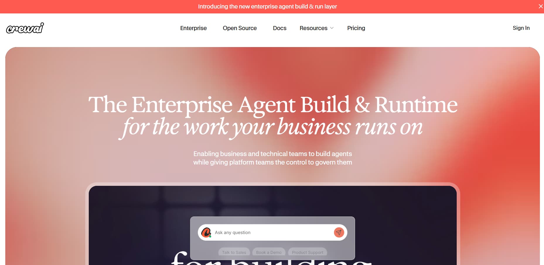 CrewAI enterprise agent platform webpage showcasing an enterprise agent build and runtime with an AI chat interface.