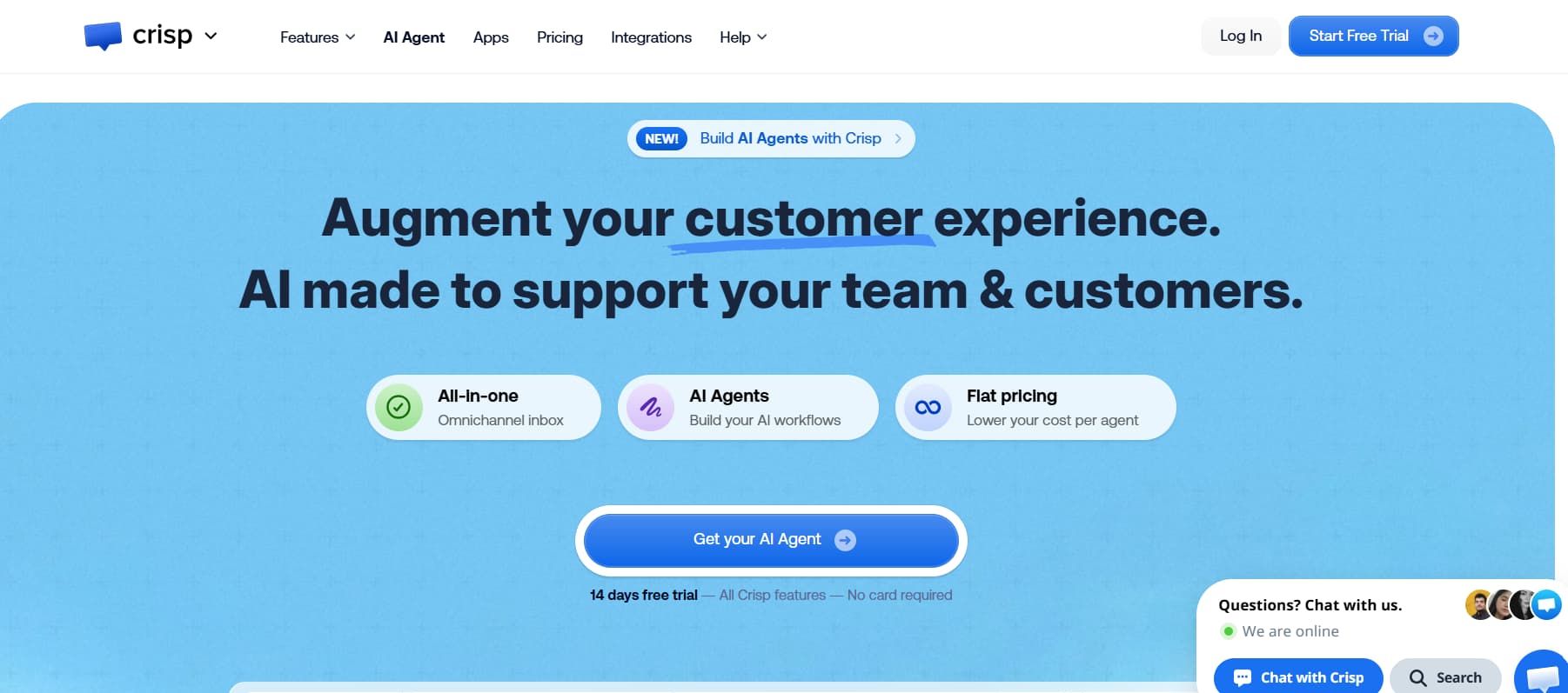 Crisp customer experience platform homepage showcasing AI agents, omnichannel inbox, flat pricing, and AI-powered customer support.
