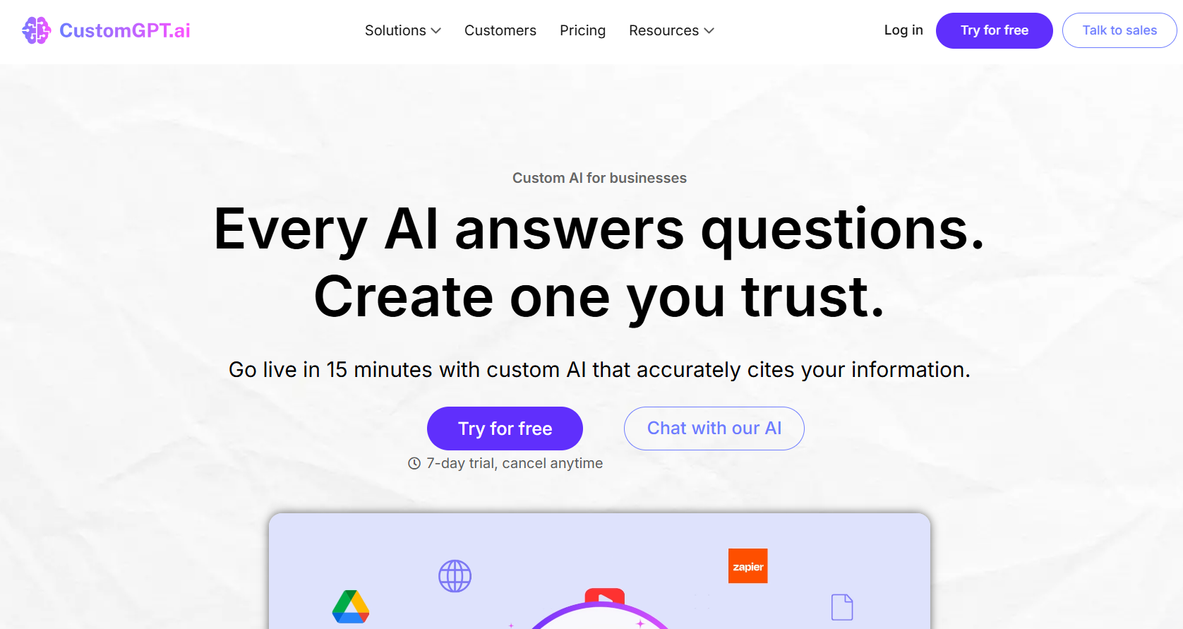 CustomGPT.ai homepage showcasing custom AI assistants that answer business questions accurately and cite company information.