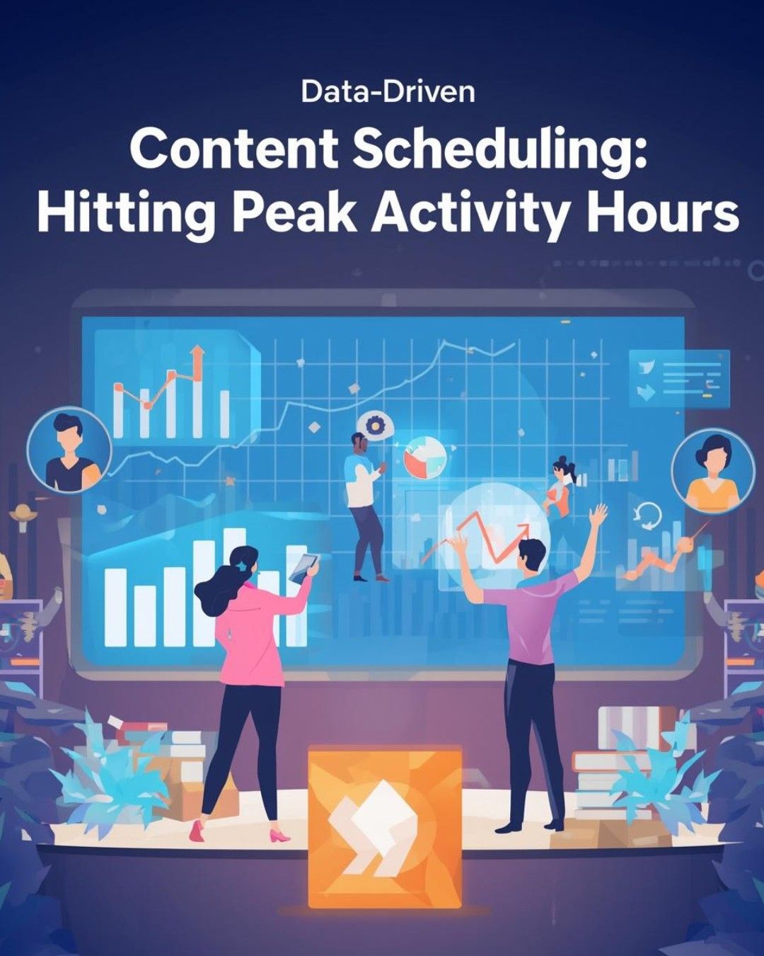 An illustrative infographic titled 'Data-Driven Content Scheduling: Hitting Peak Activity Hours' showing a team analyzing digital engagement charts and graphs on a large screen to optimize social media posting times.