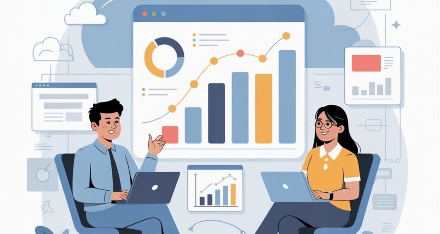 An illustration of two professionals using laptops while discussing a large digital dashboard featuring bar graphs, a line chart, and a donut chart for data analysis.