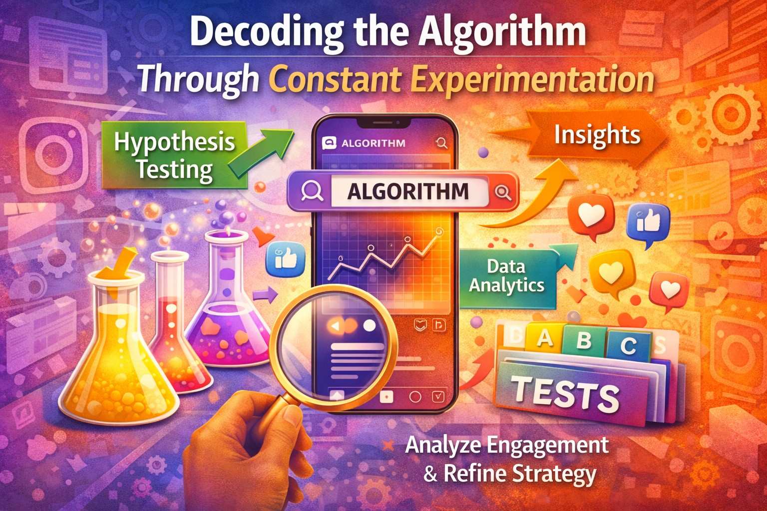 Gemini said
A vibrant digital infographic titled "Decoding the Algorithm Through Constant Experimentation," featuring a laboratory-themed design with beakers, a magnifying glass focused on a smartphone, and icons for data analytics, testing, and engagement.