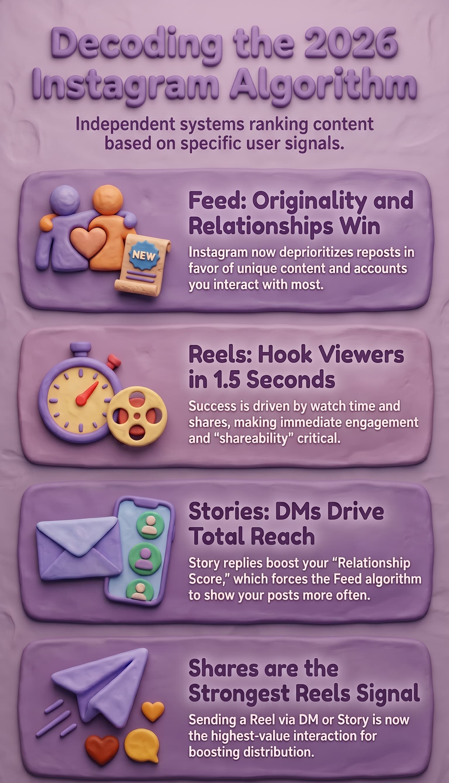 Infographic titled “Decoding the 2026 Instagram Algorithm” explaining how different Instagram algorithms rank content based on user signals. The graphic highlights four key areas: Feed ranking prioritizes original content and strong audience relationships; Reels performance depends on capturing attention within 1.5 seconds, watch time, and shares; Stories gain reach through DM conversations and story replies that strengthen audience relationships; and shares are identified as the strongest engagement signal for Reels, helping expand content distribution.
