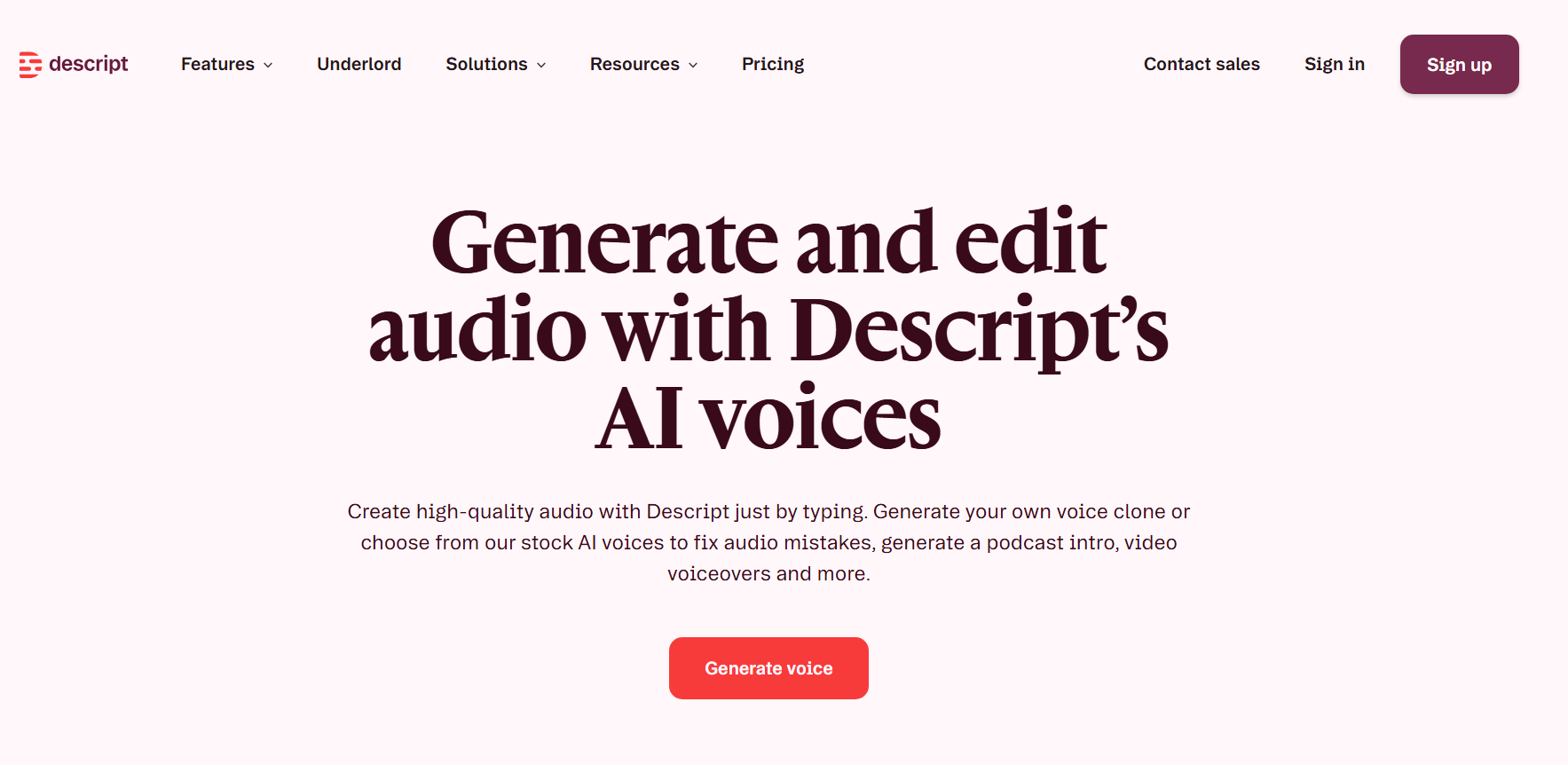 Descript homepage showcasing AI Voices for generating and editing audio, with options to create voice clones, use stock AI voices, and generate voiceovers.