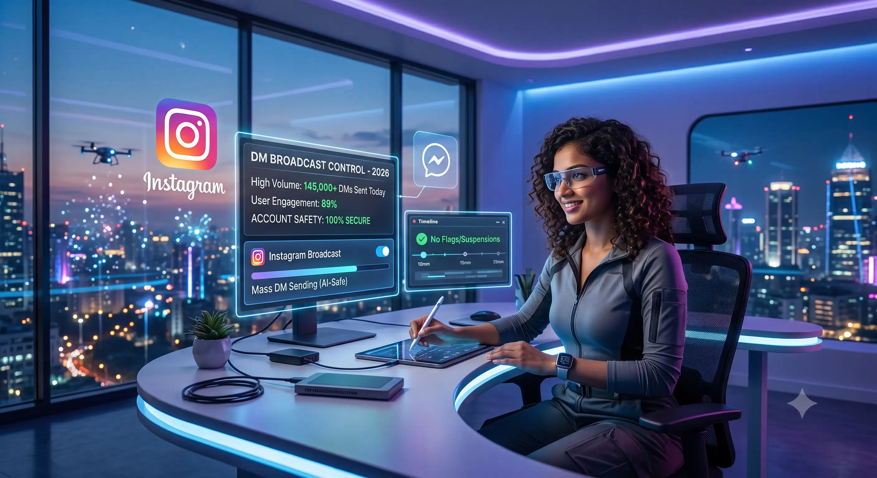 Professional using an Instagram DM broadcast dashboard in a modern office, monitoring high-volume message campaigns with account safety indicators, engagement analytics, and AI-powered broadcast controls against a futuristic city skyline.