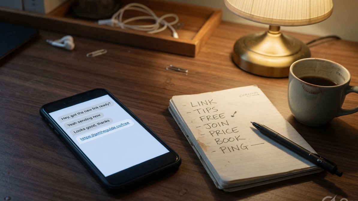 Night desk with a phone open to a chat thread and a notebook of seven DM trigger words