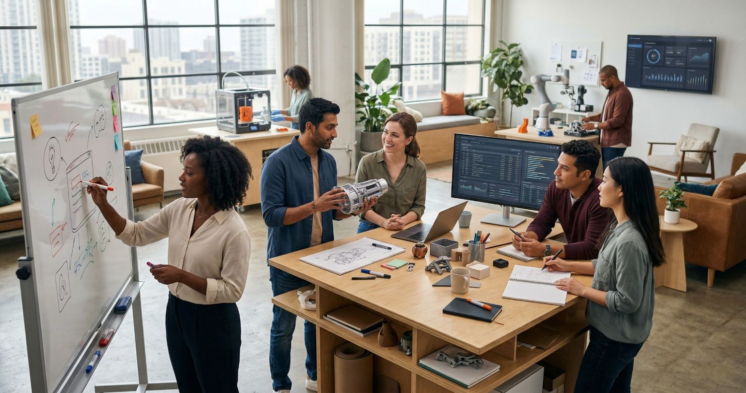 A diverse team of engineers and designers collaborating in a modern workshop, using a whiteboard for brainstorming, 3D printers for prototyping, and digital dashboards for data analysis.