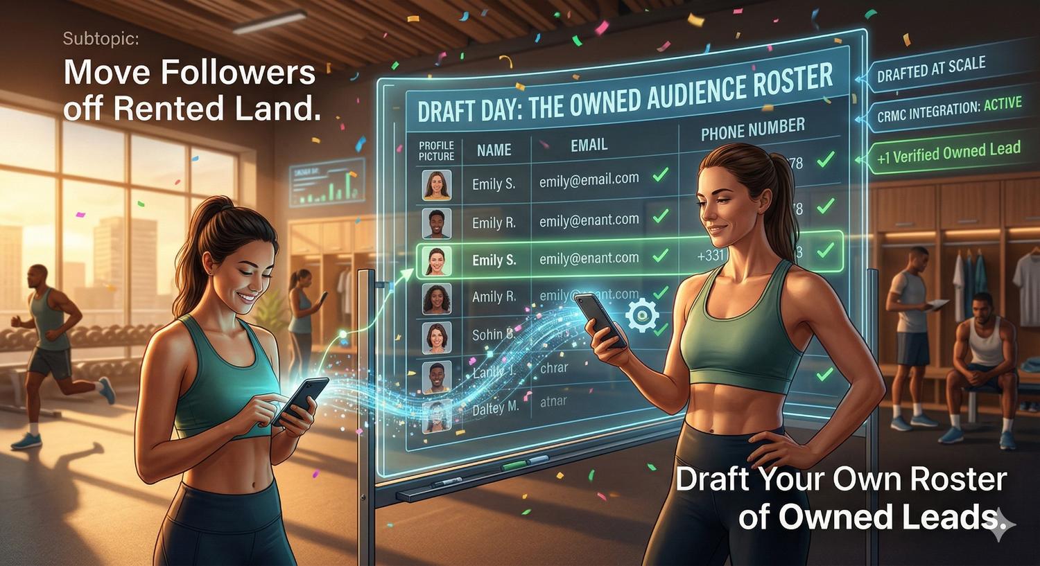 Digital illustration titled "Draft Day: The Owned Audience Roster" showing a woman syncing social media followers into a verified, CRM-integrated lead database to "Move Followers off Rented Land."