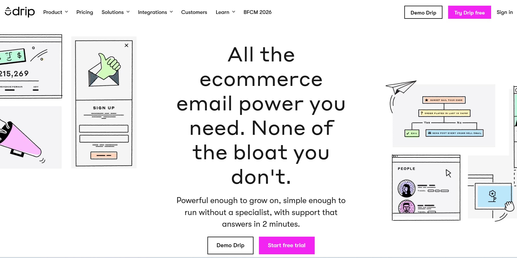 Drip homepage showcasing an ecommerce email marketing platform with automation workflows, customer management, and email campaign tools.