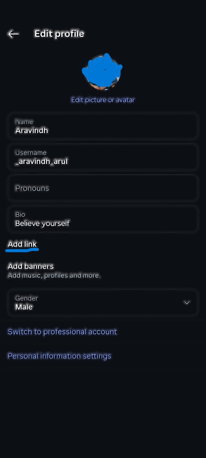 Instagram Edit Profile screen in dark mode showing profile details, including name, username, bio, and the 