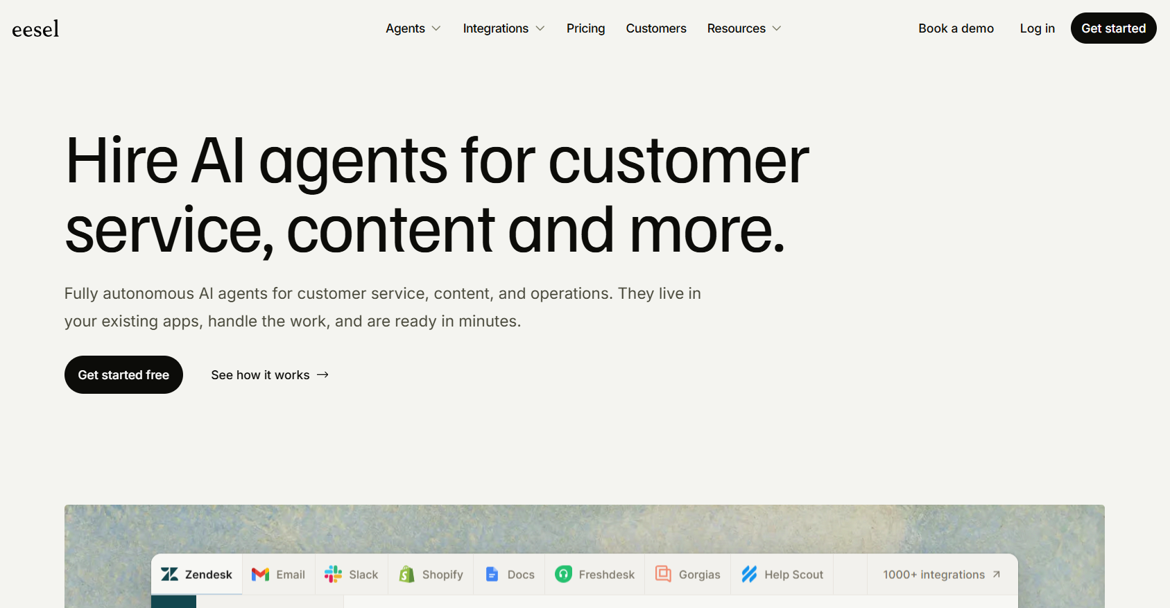 Eesel AI agents platform homepage showcasing autonomous AI agents for customer service, content, and operations with 1,000+ integrations.