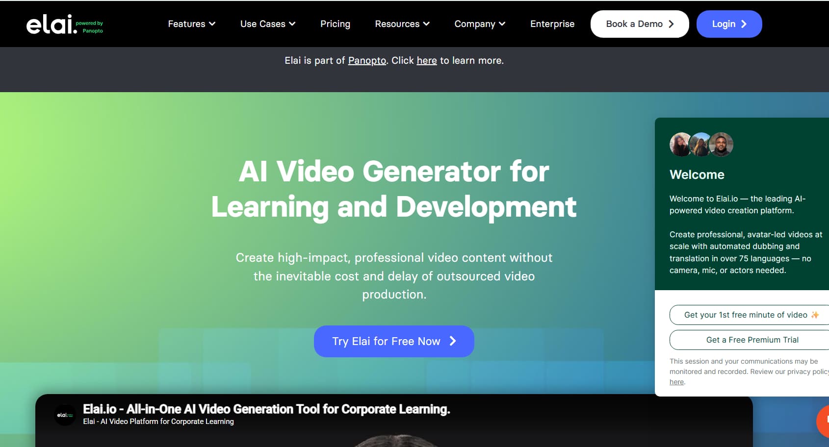 Screenshot of the Elai.io homepage featuring the headline 