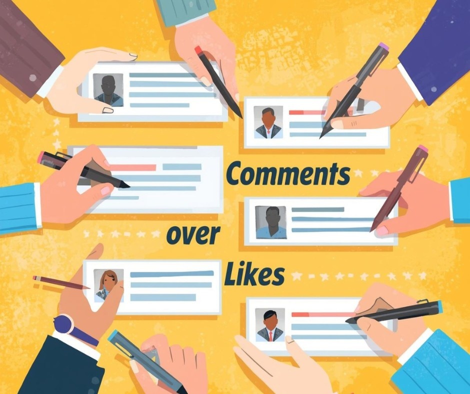A flat, colorful illustration featuring several hands using pens and pencils to write on user profile cards, centered around the bold text "Comments over Likes" on a yellow textured background.