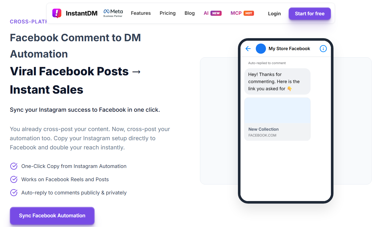 InstantDM Facebook Comment to DM automation webpage showing Instagram-to-Facebook automation, public and private comment replies, Facebook Reels and Posts support, and an example automated Messenger response.