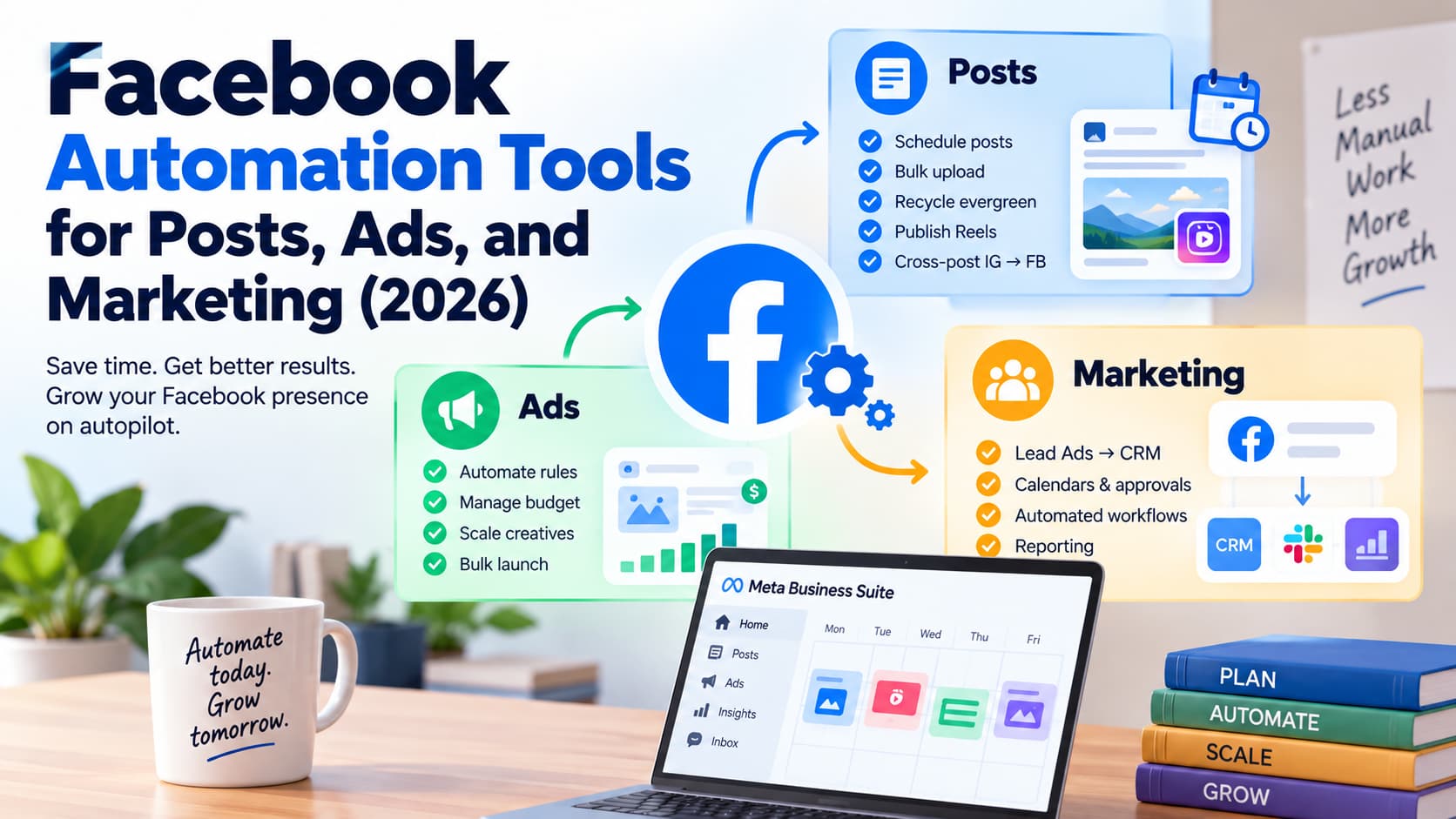 Facebook automation tools hero image showing Posts, Ads, and Marketing workflows connected to Facebook, with Meta Business Suite displayed on a laptop and automation features such as scheduling, ad management, CRM integration, reporting, and workflow automation.