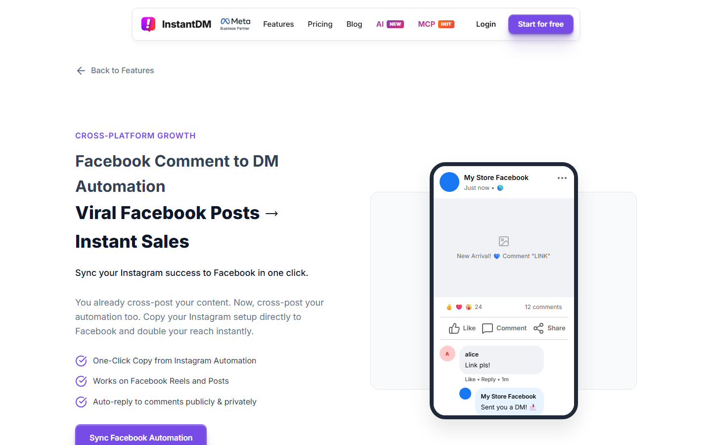 Screenshot of InstantDM's Facebook comment-to-DM feature page