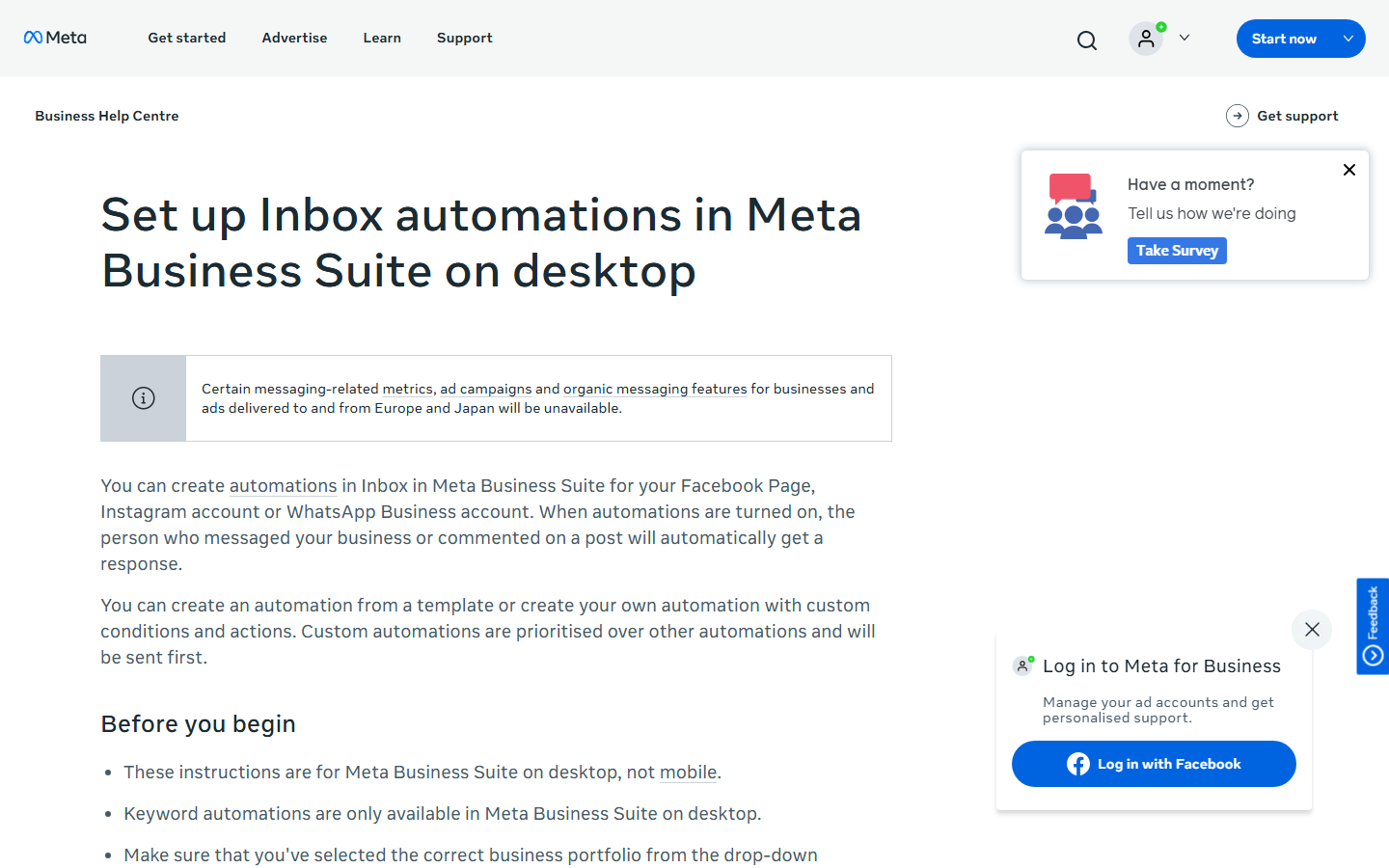 Screenshot of Meta's Business Help Center page about automated responses in Meta Business Suite Inbox