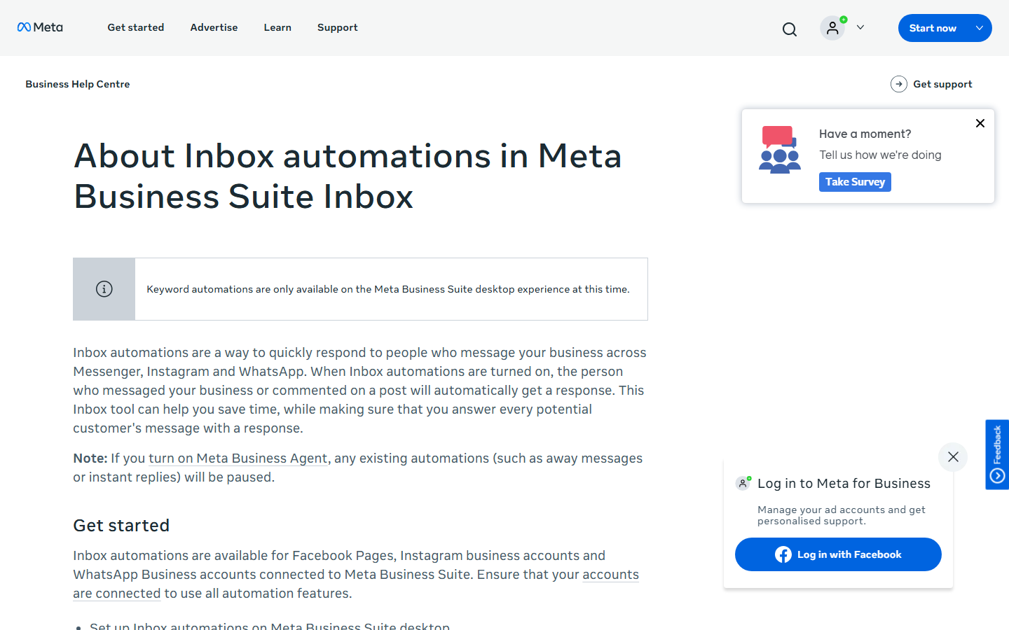 Screenshot of Meta's Business Help Center page listing Inbox automation templates
