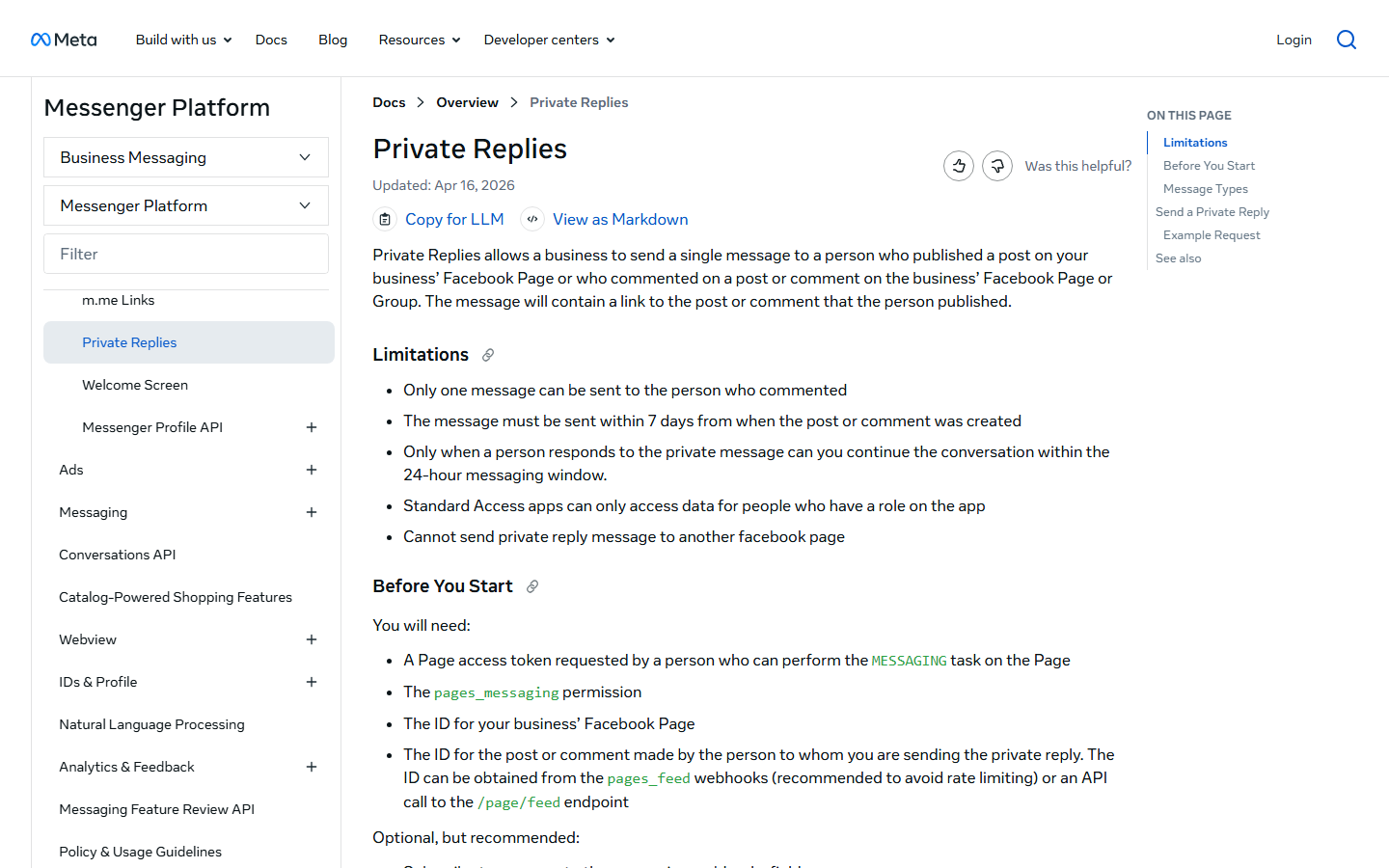 Screenshot of Meta's Messenger Platform developer documentation on Private Replies