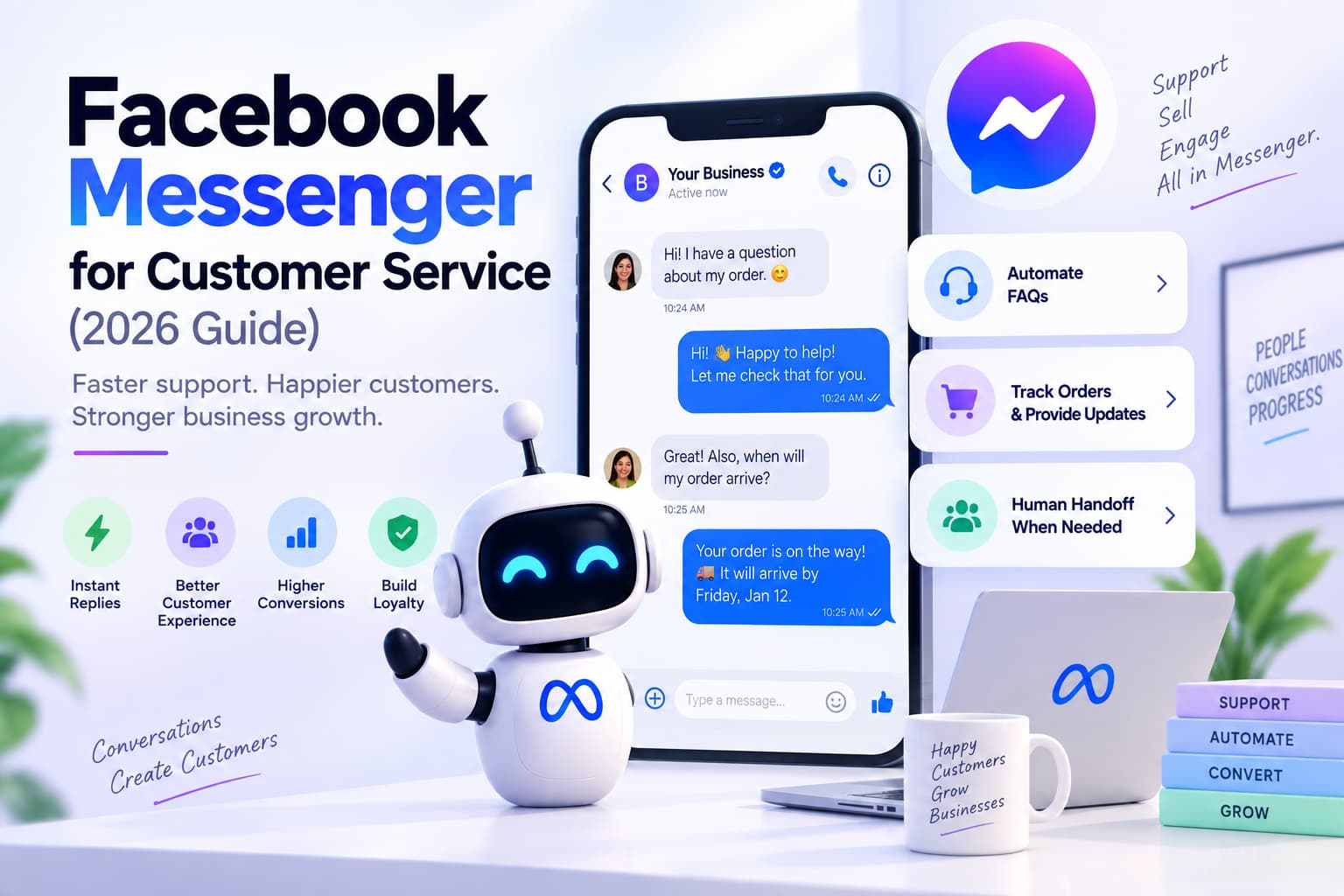 Facebook Messenger ecommerce illustration showing a store selling products through chat with product catalogs, in-chat checkout, automated support, and human handoff.