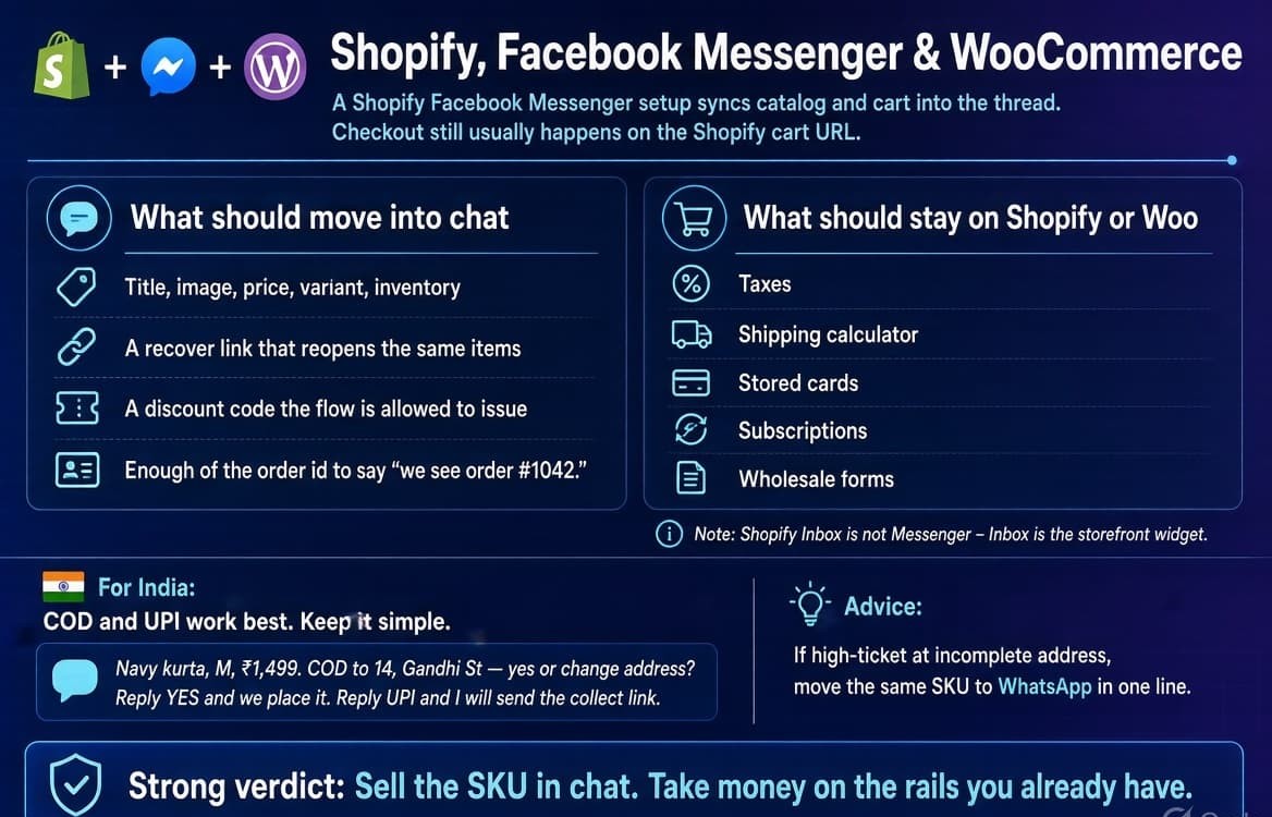 Informational graphic on a dark navy-blue background titled “Shopify, Facebook Messenger & WooCommerce” with Shopify, Messenger, and WooCommerce logos. Subtitle notes a Shopify Facebook Messenger setup syncs catalog and cart into the thread while checkout usually stays on the Shopify cart URL. Two columns: left lists what should move into chat (title, image, price, variant, inventory; recover link; discount code; order ID reference). Right lists what should stay on Shopify or Woo (taxes, shipping calculator, stored cards, subscriptions, wholesale forms). Note clarifies Shopify Inbox is not Messenger. India section covers COD and UPI with example dialogue for a navy kurta order, plus advice to move high-ticket or incomplete-address SKUs to WhatsApp in one line. Bottom verdict: Sell the SKU in chat. Take money on the rails you already have.